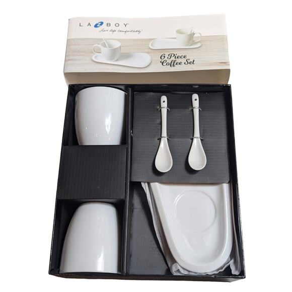 La Z Boy White Ceramic 6-Piece Coffee Set - 2 Mugs, 2 Spoons, 2 Trays New In Box - Picture 2 of 2